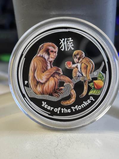 第195期拍卖 - 澳大利亚2016年生肖系列猴年1/2盎司精版彩银币，999银，发行10000枚