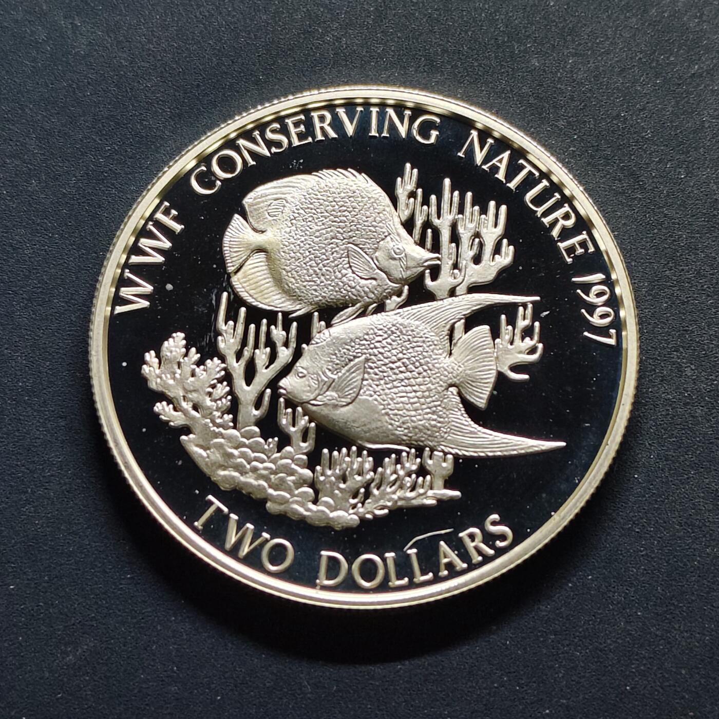 【全场包邮】纯粹捡漏拍517场 巴哈马群岛1997年2元WWF自然保护系列斑鳍蝴蝶鱼与皇后天使鱼精制克朗型纪念银币【38.61毫米28.28克92.5%】