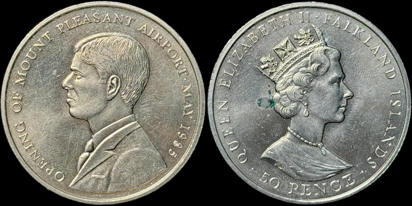 ＜星葵🌻钱币社＞第72期·东奔西走的硬币·3月31日发货 福克兰群岛1985年芒特普莱森特机场开放50便士克朗型纪念币