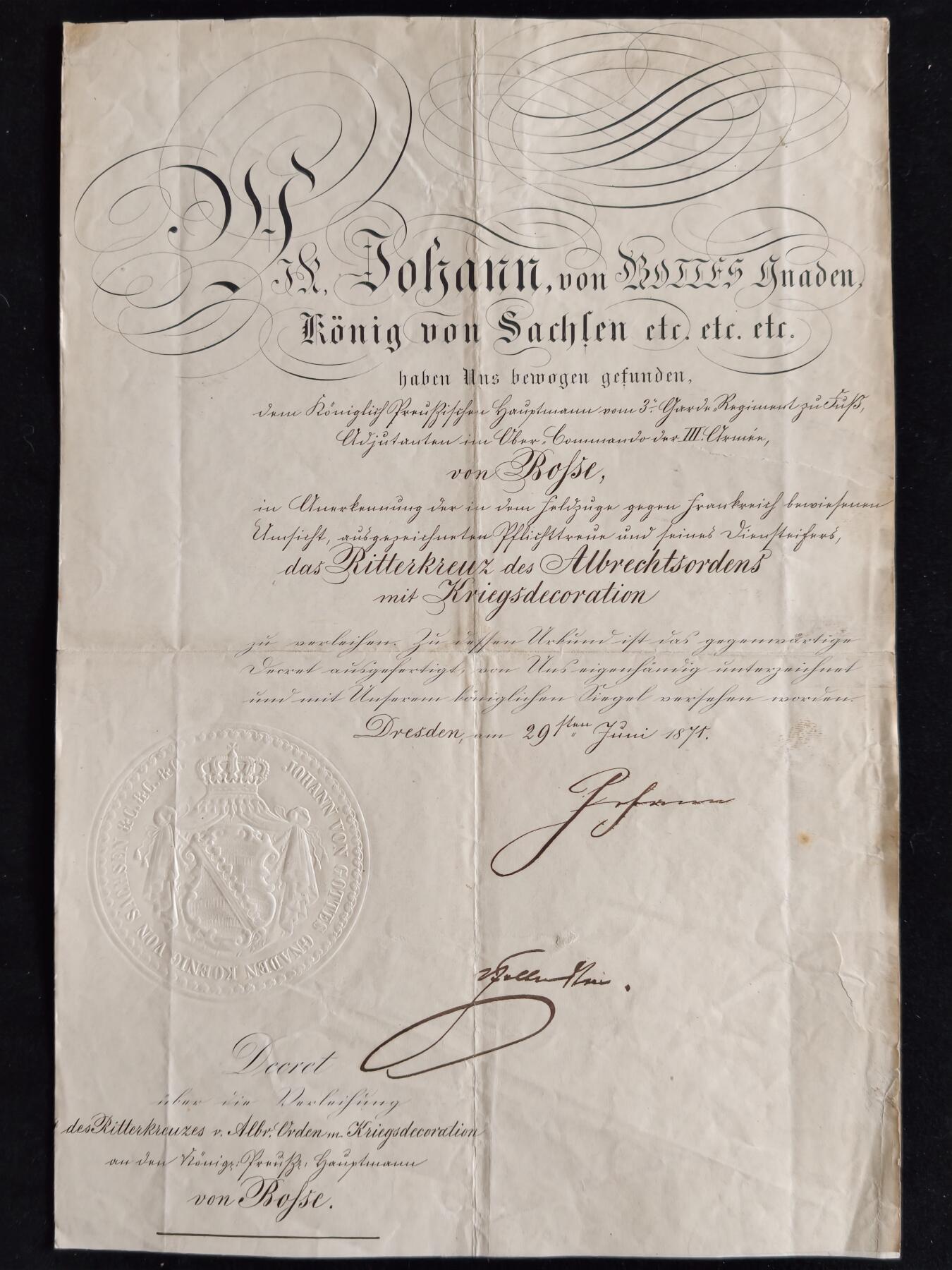 凯旋世界勋赏（第23期）（欢迎送拍）（对拍品有疑问请询问客服，不接受到手刀，出价默认拍品品相。请认真阅读拍卖规则！出价默认已认可！）（收到货请录制开箱视频，无视频概不处理问题。） 帝德 萨克森王国 一级带剑骑士阿尔伯特十字勋章 证书 萨克森国王约翰 亲笔签名，萨克森军事大臣法布里斯 亲笔签名、双签签发 1871年颁发给处于前线的时任大尉 博塞