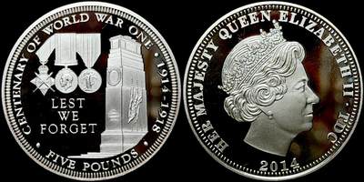 ＜星葵🌻钱币社＞第72期·东奔西走的硬币·3月31日发货 - 特里斯坦·达库尼亚2018年一战纪念颂歌·勿忘历史5镑克朗型镀银纪念币