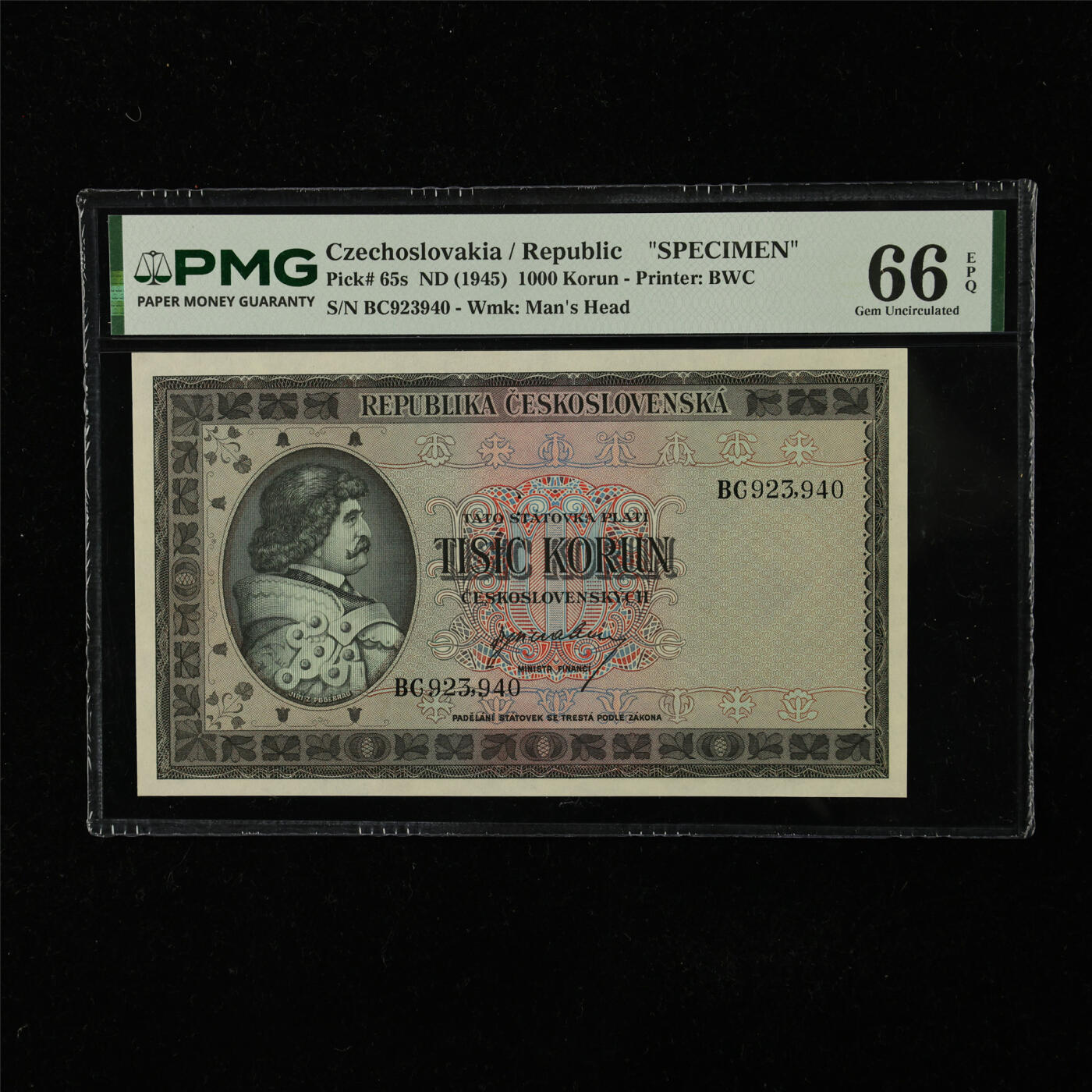 【亘邦集藏】第224期拍卖 1945年 捷克斯洛伐克共和国样钞1000克朗 PMG 66EPQ BC923940