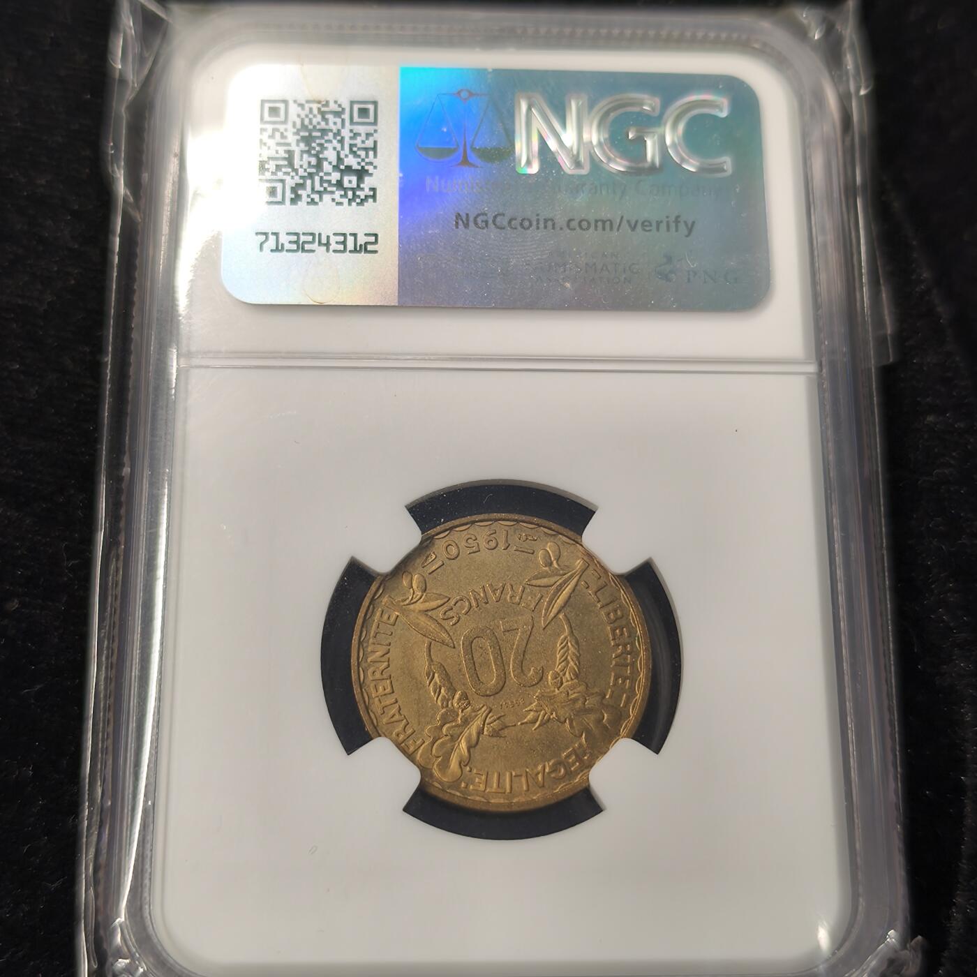 Krab外币市集Vol.28 NGC MS65 法国1950年20法郎样币