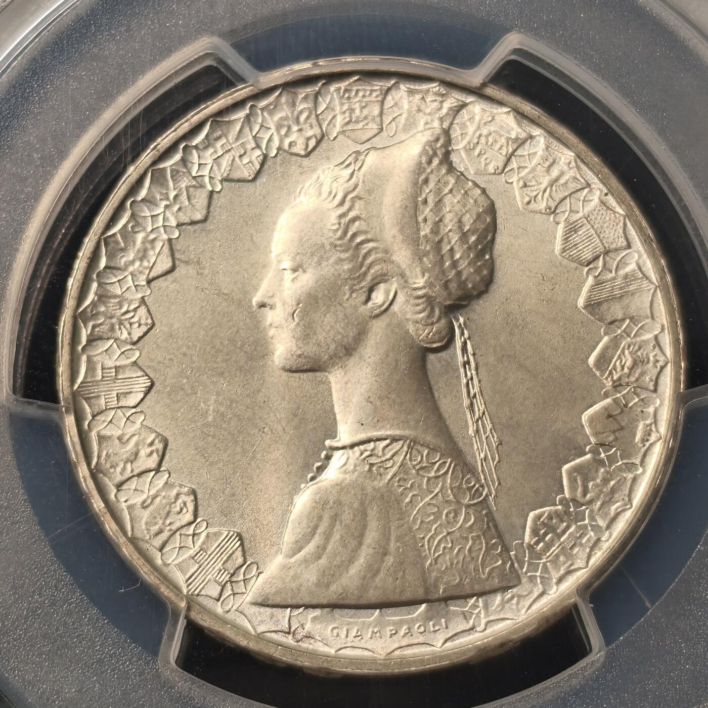 Krab外币市集Vol.28 PCGS MS65 意大利1966年500里拉帆船少女银币Gem