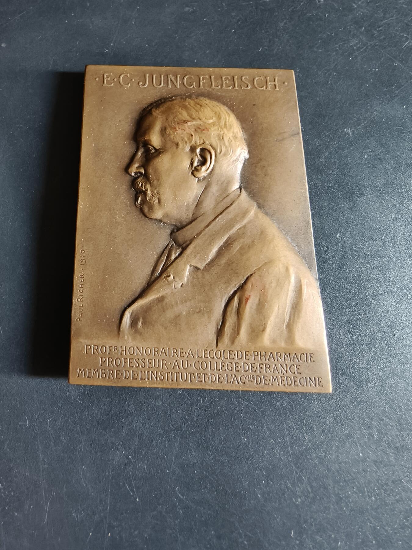 老王徽章第190期 法国化学家埃米尔·克莱门特·容弗莱施方形大铜章     该教授为法兰西科学院院士    章牌背面描绘了科学与理性化身的女神注视着在工作室实验台前工作的教授      保罗·里歇尔作品      高浮雕     尺寸50×70mm