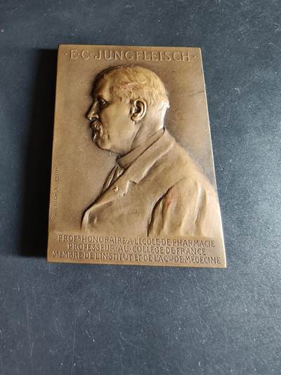 老王徽章第190期 - 法国化学家埃米尔·克莱门特·容弗莱施方形大铜章     该教授为法兰西科学院院士    章牌背面描绘了科学与理性化身的女神注视着在工作室实验台前工作的教授      保罗·里歇尔作品      高浮雕     尺寸50×70mm