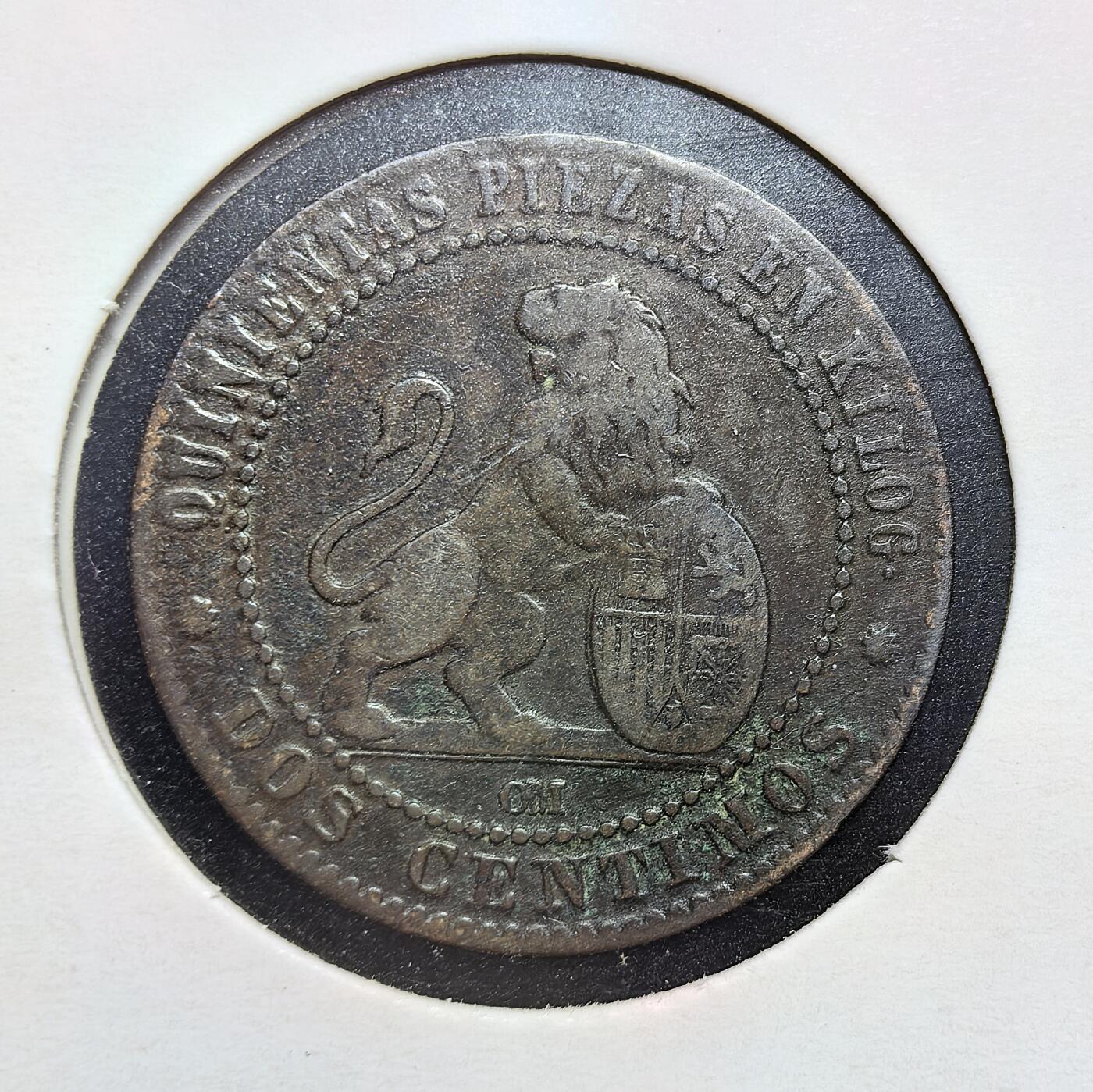 外国优质老铜币银币苏联纪念章，每周六晚九点倒数截拍，满百包邮可寄存，持续收拍 少见西班牙 1870 年 2 分铜币，正面坐像女神手持橄榄枝，背面雄狮持盾国徽，百年铜色包浆厚重，细节清晰，是伊比利亚近代钱币收藏的历史佳品。