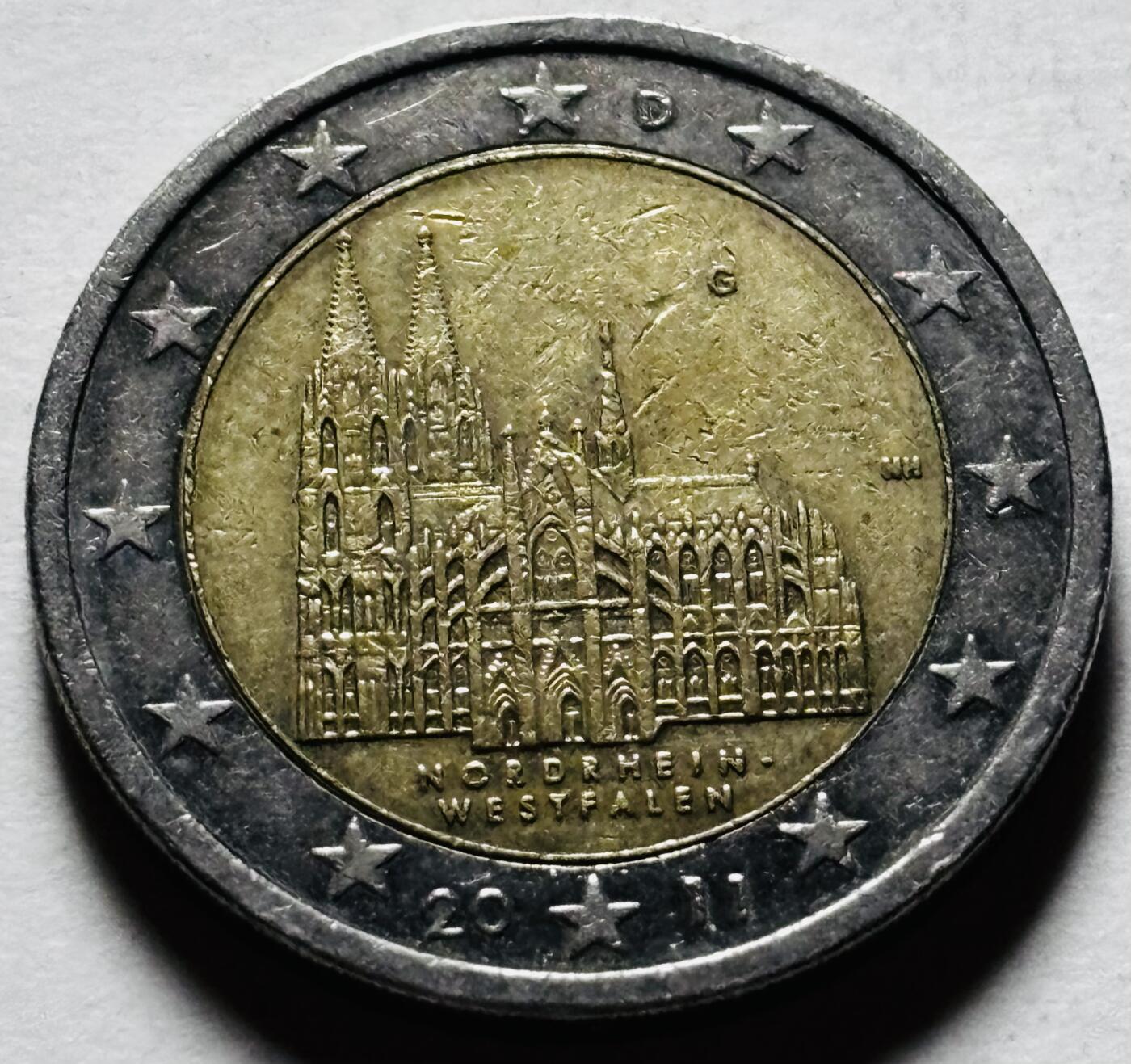 文馨钱币收藏第 298 场，长期接代拍业务 德国2011年 北莱茵-威斯特法伦州2欧元纪念币 独年份