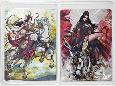 白泽拍卖卡牌手绘专场第34期（花朝去了又春分 草如茵 柳烟新） - 2025 卡德曼 张建东水浒 一丈青扈三娘2张 145/300，268/300 粗闪 卡夹封装