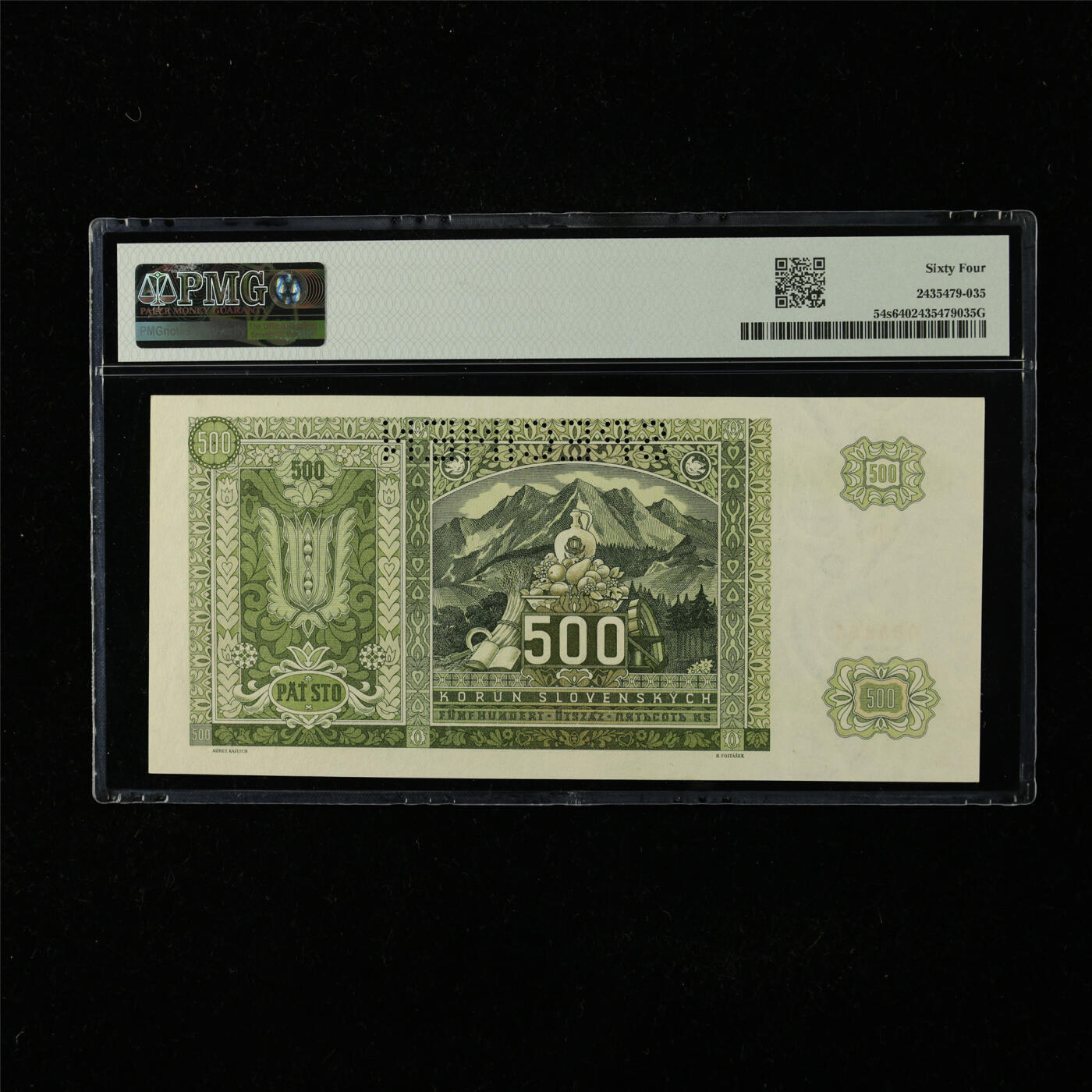 【亘邦集藏】第224期拍卖 1941年 捷克斯洛伐克共和国样钞500克朗 PMG 64 5BG 064224