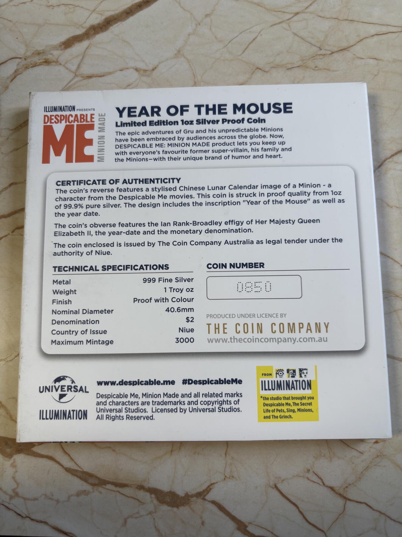 第195期拍卖 纽埃2020年小黄人中国生肖系列首枚鼠年1盎司银币，999银，发行3000枚