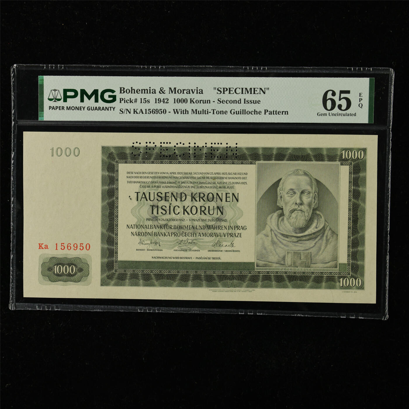 【亘邦集藏】第224期拍卖 1942年 波西米亚和摩拉维亚样钞1000克朗 PMG 65EPQ KA156950