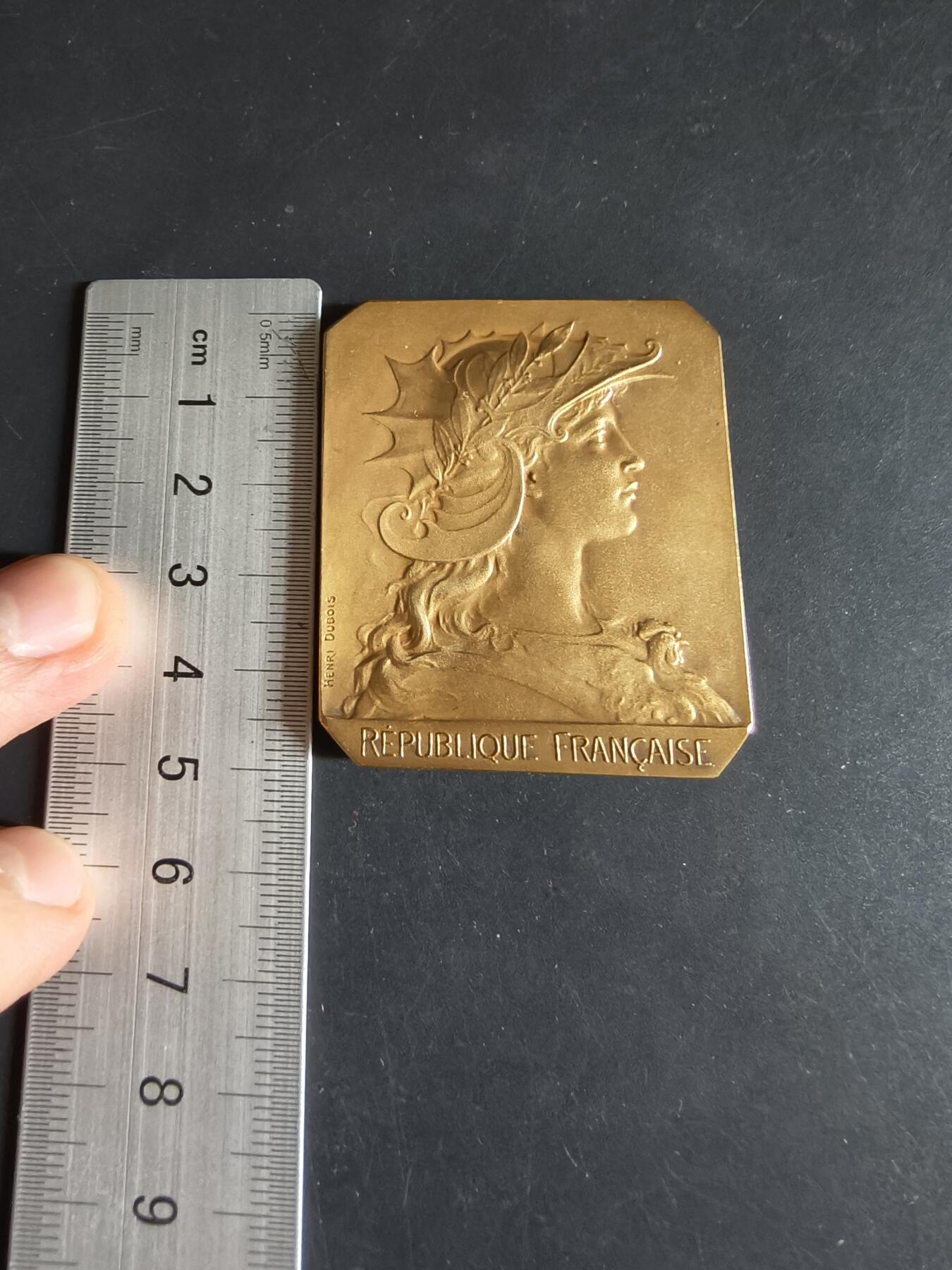 老王徽章第190期 法国卡尔瓦多斯省省长赠送方形镀金大铜章     戎装玛丽安娜   大师亨利·杜布瓦版本      尺寸45×50mm    重量58.4g