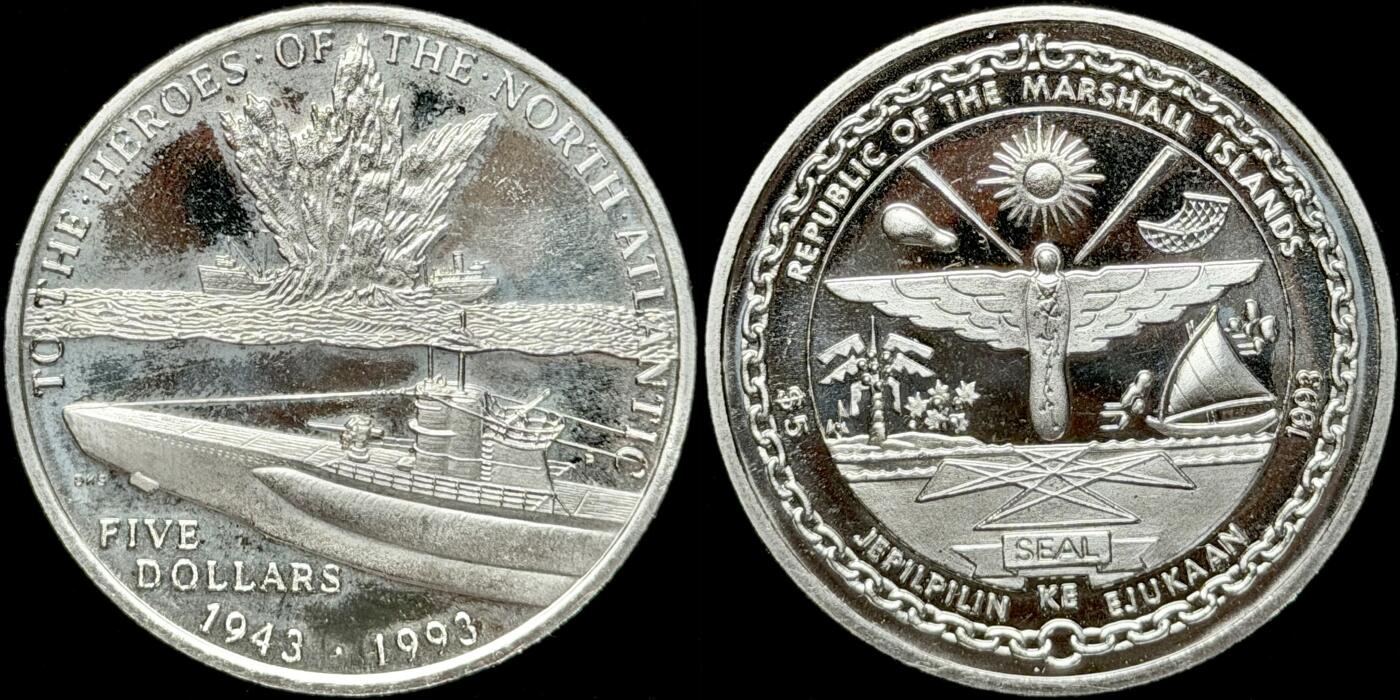 ＜星葵🌻钱币社＞第72期·东奔西走的硬币·3月31日发货 马绍尔群岛1993年致敬大西洋的英雄们5元克朗型类精制纪念币