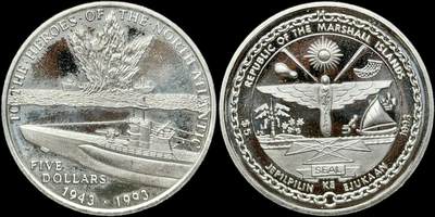 ＜星葵🌻钱币社＞第72期·东奔西走的硬币·3月31日发货 - 马绍尔群岛1993年致敬大西洋的英雄们5元克朗型类精制纪念币