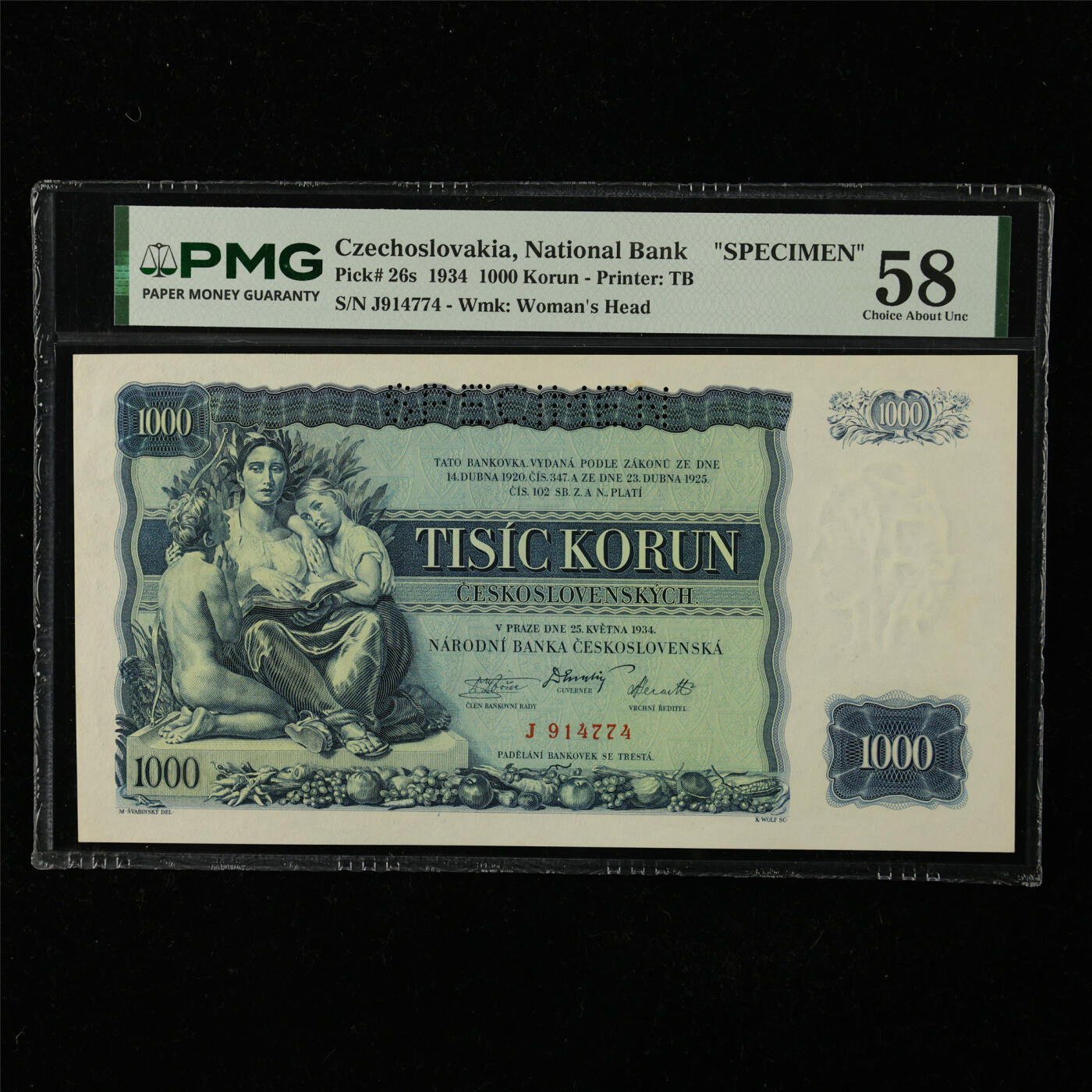 【亘邦集藏】第224期拍卖 1934年 捷克斯洛伐克国家银行样钞1000克朗 PMG 58 J914774