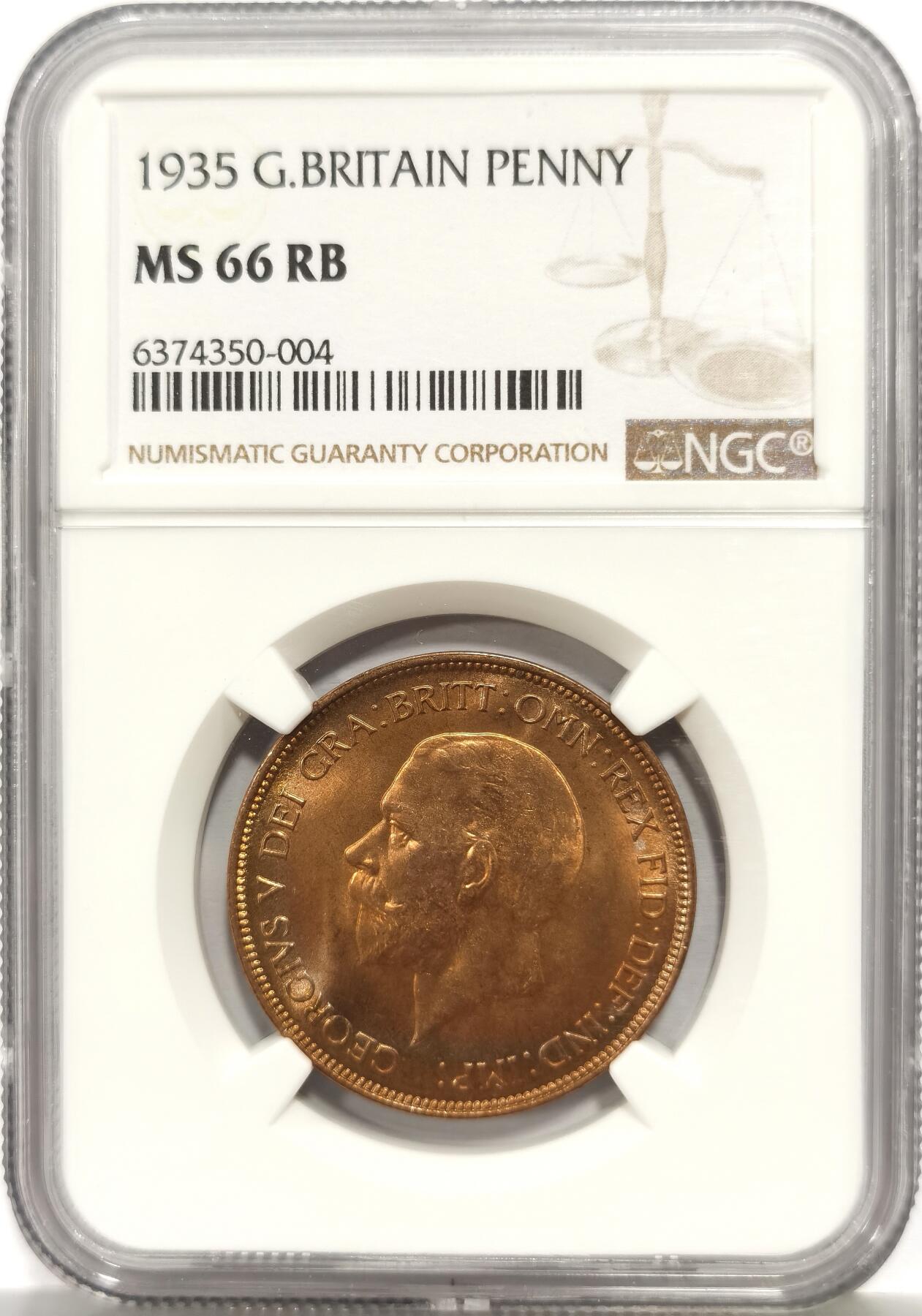 博洋堂“芳菲春韵”3月精品大拍专场暨第166期（全场包邮） NGC MS66RB 英国1935年乔治五世1便士铜币 原厂红棕光 打制深峻 细节优秀 NGC评级冠军分