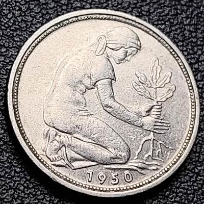 泉币菌-第216场-拍品多 请提前出价 - 1950 德国 50芬尼镍铜币 植树少女 20毫米