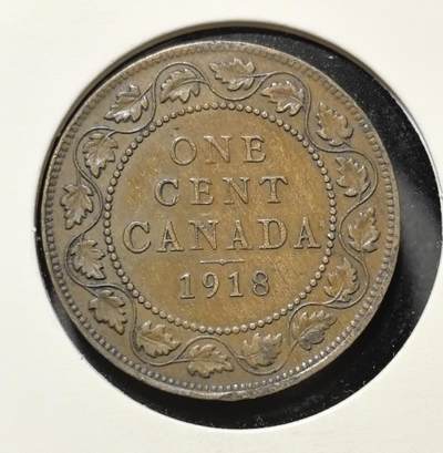 外国优质老铜币银币苏联纪念章，每周六晚九点倒数截拍，满百包邮可寄存，持续收拍 - 加拿大1918 年 1 分铜币，正面为英王乔治五世戎装头像，背面是枫叶环饰与面值，是一战时期加拿大货币的典型遗存，包浆温润，极具英属北美历史与钱币收藏价值。