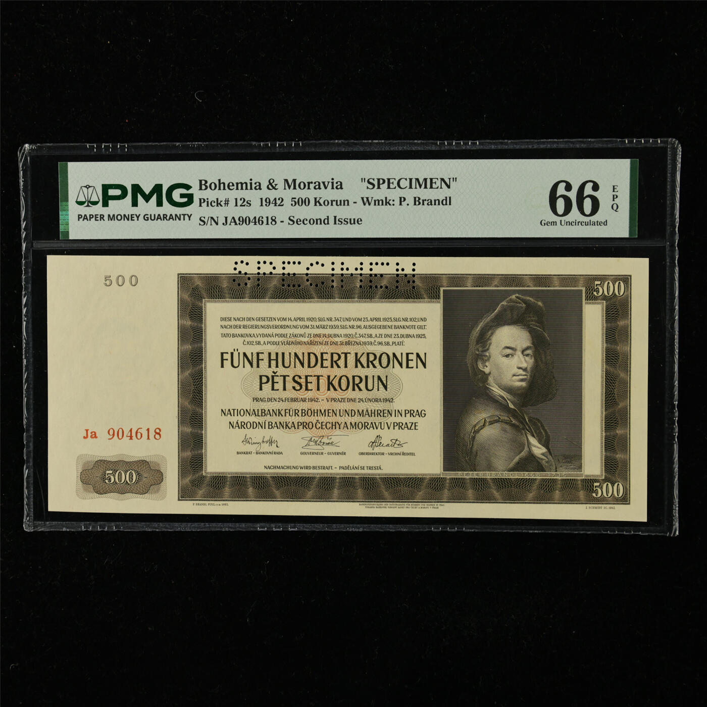 【亘邦集藏】第224期拍卖 1942年 波西米亚和摩拉维亚样钞500克朗 PMG 66EPQ JA904618