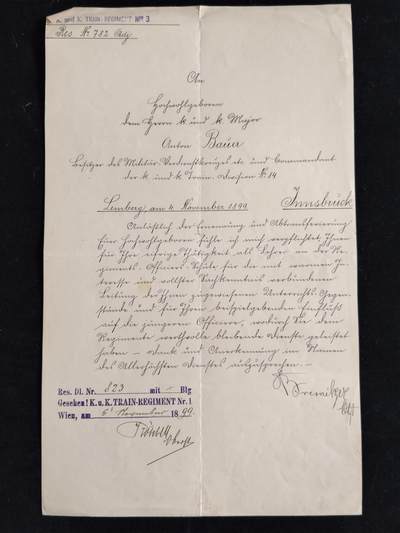 凯旋世界勋赏（第23期）（欢迎送拍）（对拍品有疑问请询问客服，不接受到手刀，出价默认拍品品相。请认真阅读拍卖规则！出价默认已认可！）（收到货请录制开箱视频，无视频概不处理问题。） - 奥匈帝国 个人致辞与正式感谢信 1899年 由普雷斯尼策上校 亲笔书写 并亲笔签名签发，由皇家与帝国第1补给团 特伦克尔上校 代表接收单位核署，带有他的亲笔签名，发给安东·鲍尔，在鲍尔晋升为少校后，由他的前上级亲笔书写夸赞并感谢他的贡献