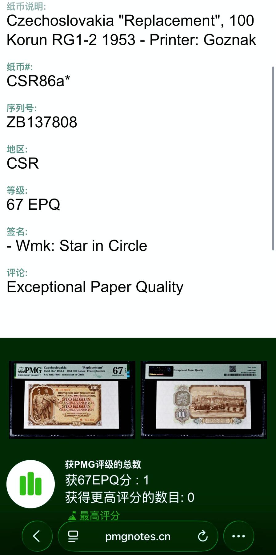 【Blue Auction】世界纸币精拍第801期——18级TOP拍卖/信誉/品质/专业/高效💫 【补号唯一冠军分】捷斯 1953年100克朗 PMG67EPQ 高分 少见品种