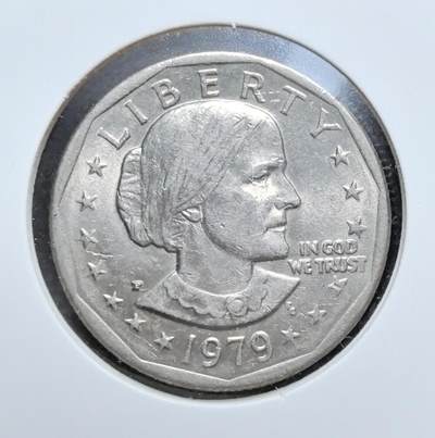 外国优质老铜币银币苏联纪念章，每周六晚九点倒数截拍，满百包邮可寄存，持续收拍 - 美国苏珊・安东尼1979年1 美元，独特十一边形形制，正面为女权领袖安东尼像，背面是白头海雕国徽，是美国首枚女性形象流通币，兼具历史与收藏价值。