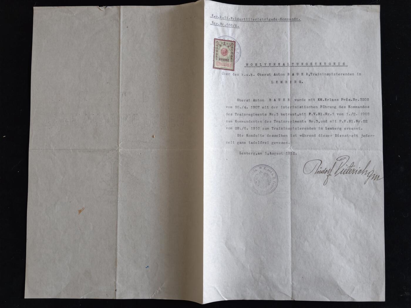 凯旋世界勋赏（第23期）（欢迎送拍）（对拍品有疑问请询问客服，不接受到手刀，出价默认拍品品相。请认真阅读拍卖规则！出价默认已认可！）（收到货请录制开箱视频，无视频概不处理问题。） 奥匈帝国 品行鉴定信（用作给鲍尔的少将晋升背书）1912年 由第11野战炮兵旅指挥官 鲁道夫·迪特里希少将 亲笔签名签发，给时任伦贝格（利沃夫）的补给监察官 安东·鲍尔上校，内容核实了鲍尔在11旅管辖期间的三次任命
