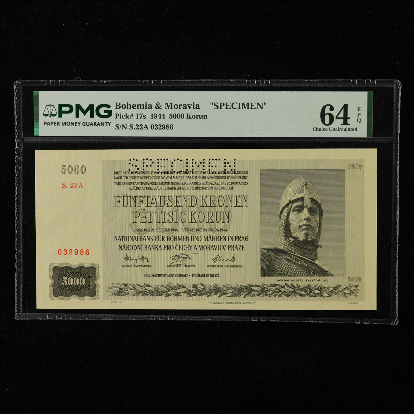 【亘邦集藏】第224期拍卖 1944年 波西米亚和摩拉维亚样钞5000克朗 PMG 64EPQ S.23A 032986
