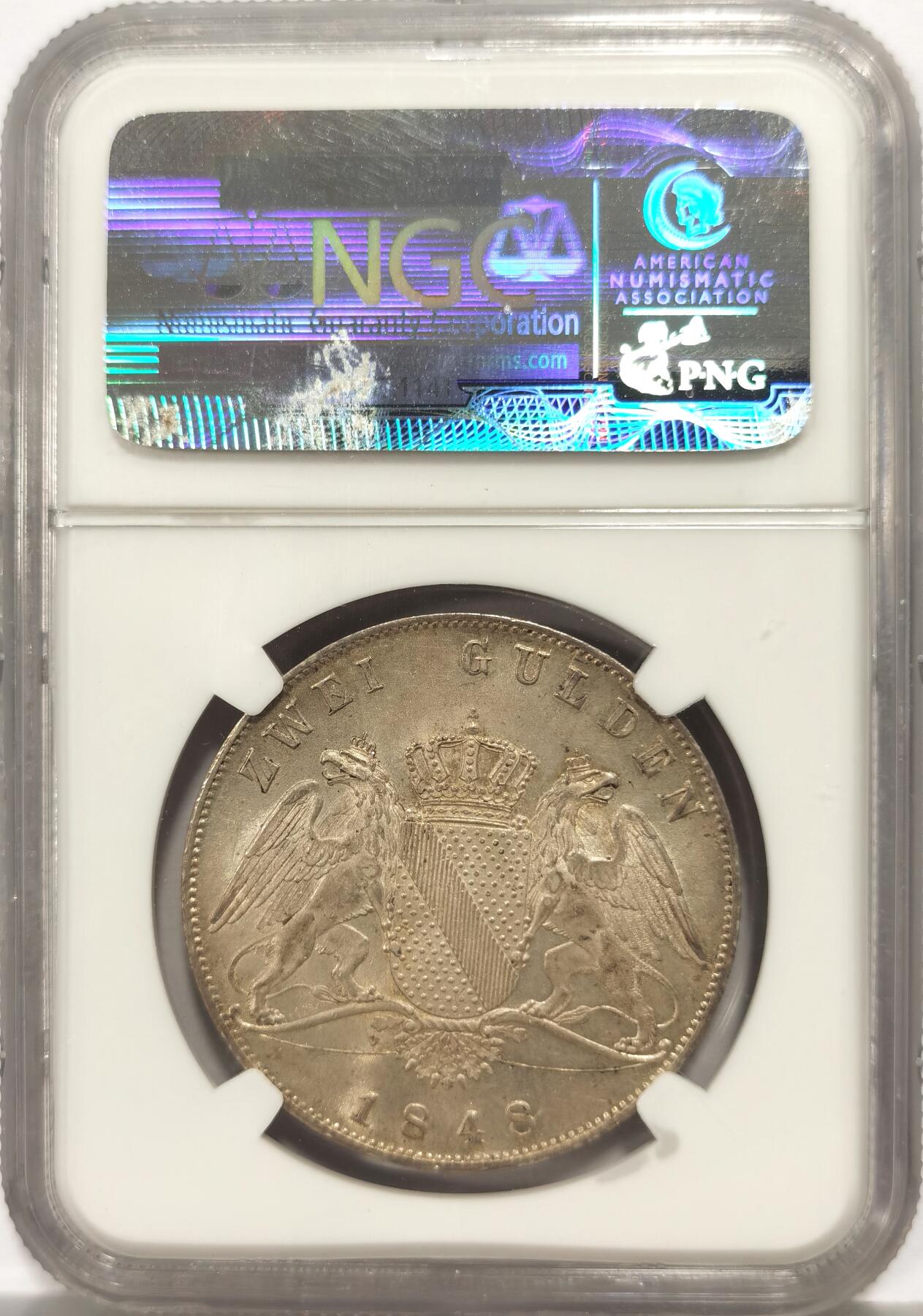 博洋堂“芳菲春韵”3月精品大拍专场暨第166期（全场包邮） NGC MS62 德国巴登1848年双狮鹫2古尔登大银币 NGC亚军分 仅两枚更高 老盒严评 底板接触痕很少 非常好的状态 与一般63相差不大