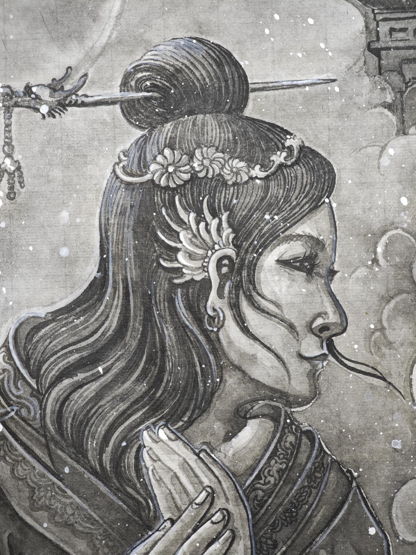 白泽拍卖卡牌手绘专场第34期（花朝去了又春分 草如茵 柳烟新） 2025 刘晓明手绘画 倾城 尺寸：38.5cm*95.7cm  刘晓明钤印