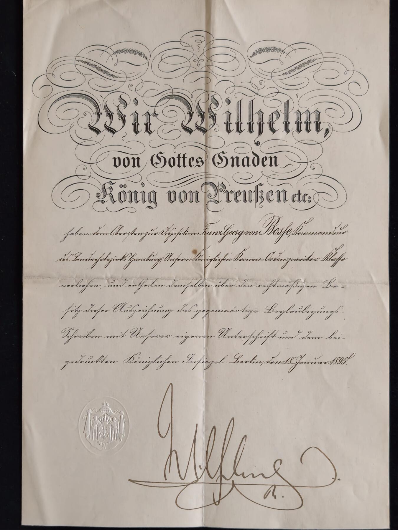 凯旋世界勋赏（第23期）（欢迎送拍）（对拍品有疑问请询问客服，不接受到手刀，出价默认拍品品相。请认真阅读拍卖规则！出价默认已认可！）（收到货请录制开箱视频，无视频概不处理问题。） 帝德 普鲁士王国 指挥官级/二级 王冠勋章证书 皇帝威廉二世 亲笔签名颁发 1895年授予 时任汉堡后备役军区指挥官 博塞上校