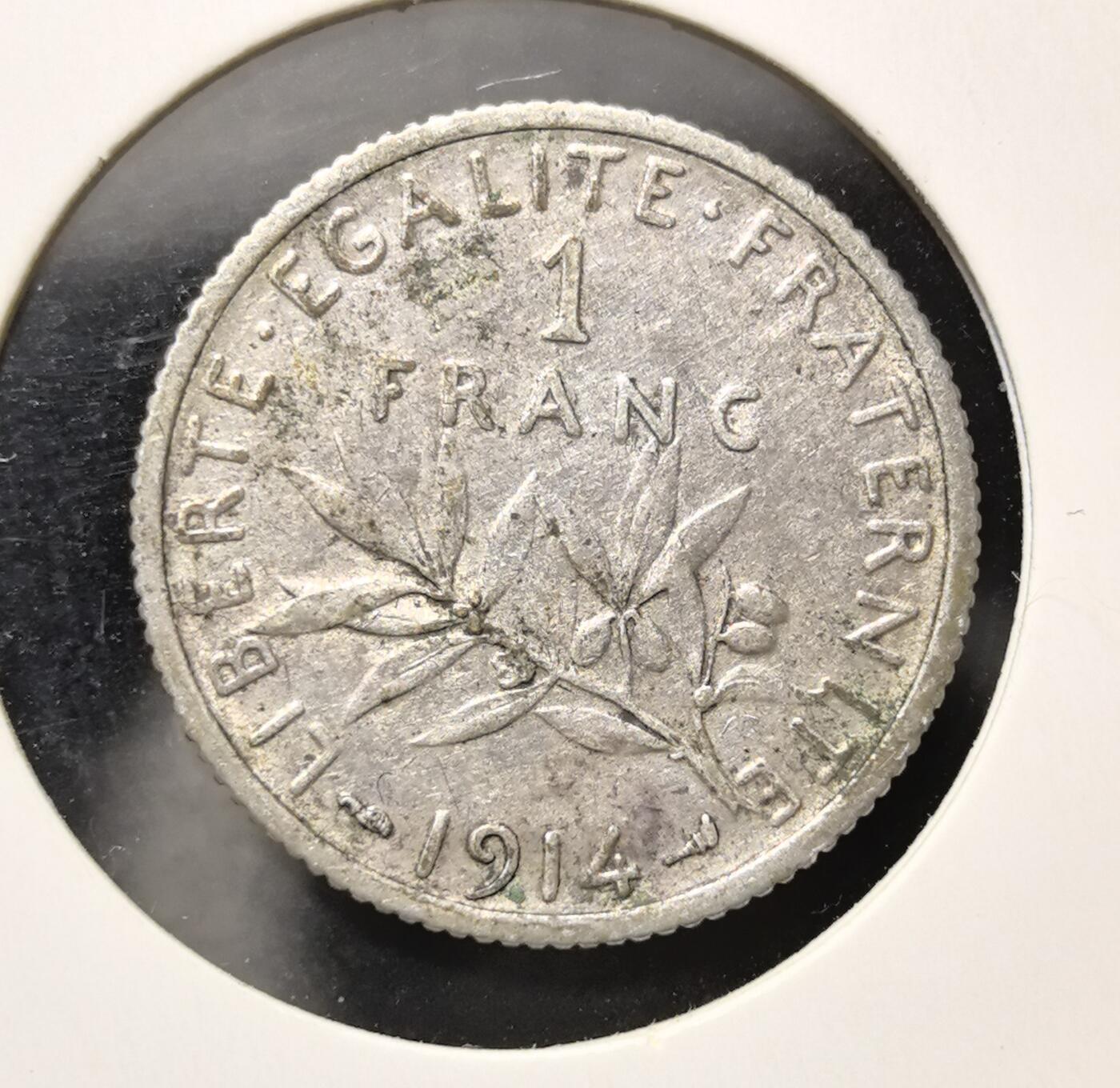 外国优质老铜币银币苏联纪念章，每周六晚九点倒数截拍，满百包邮可寄存，持续收拍 法国1914年1法郎播种女神银币，经典 “自由平等博爱” 铭文，百年银质老币，线条灵动的播种女神与橄榄枝设计，兼具艺术美感与历史收藏价值。