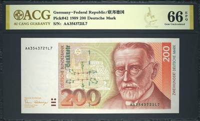 《艾美收藏》第238期-3.29周日外币畅拍场 - 德国200马克 爱藏66E 1989年 德国医学家埃尔利希 AA冠