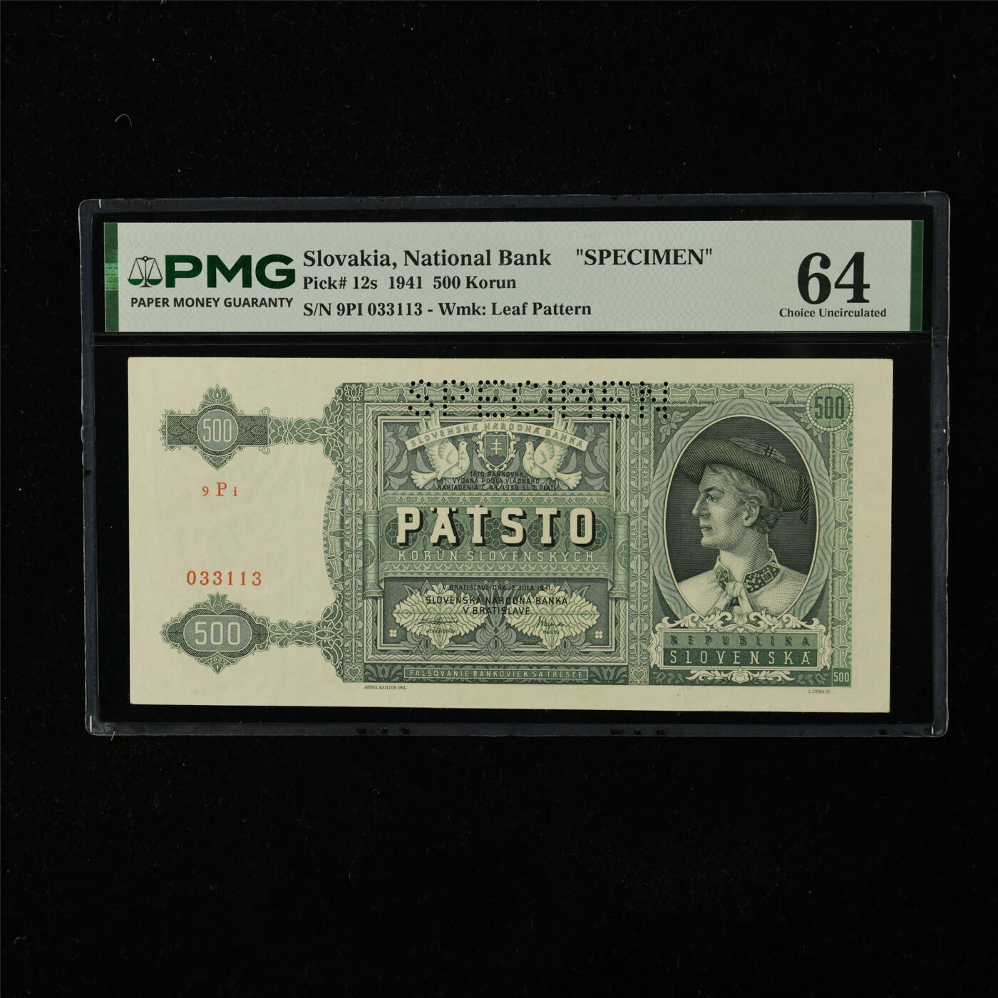 【亘邦集藏】第224期拍卖 1941年 斯洛伐克国家银行样钞500克朗 PMG 64 9PI 033113