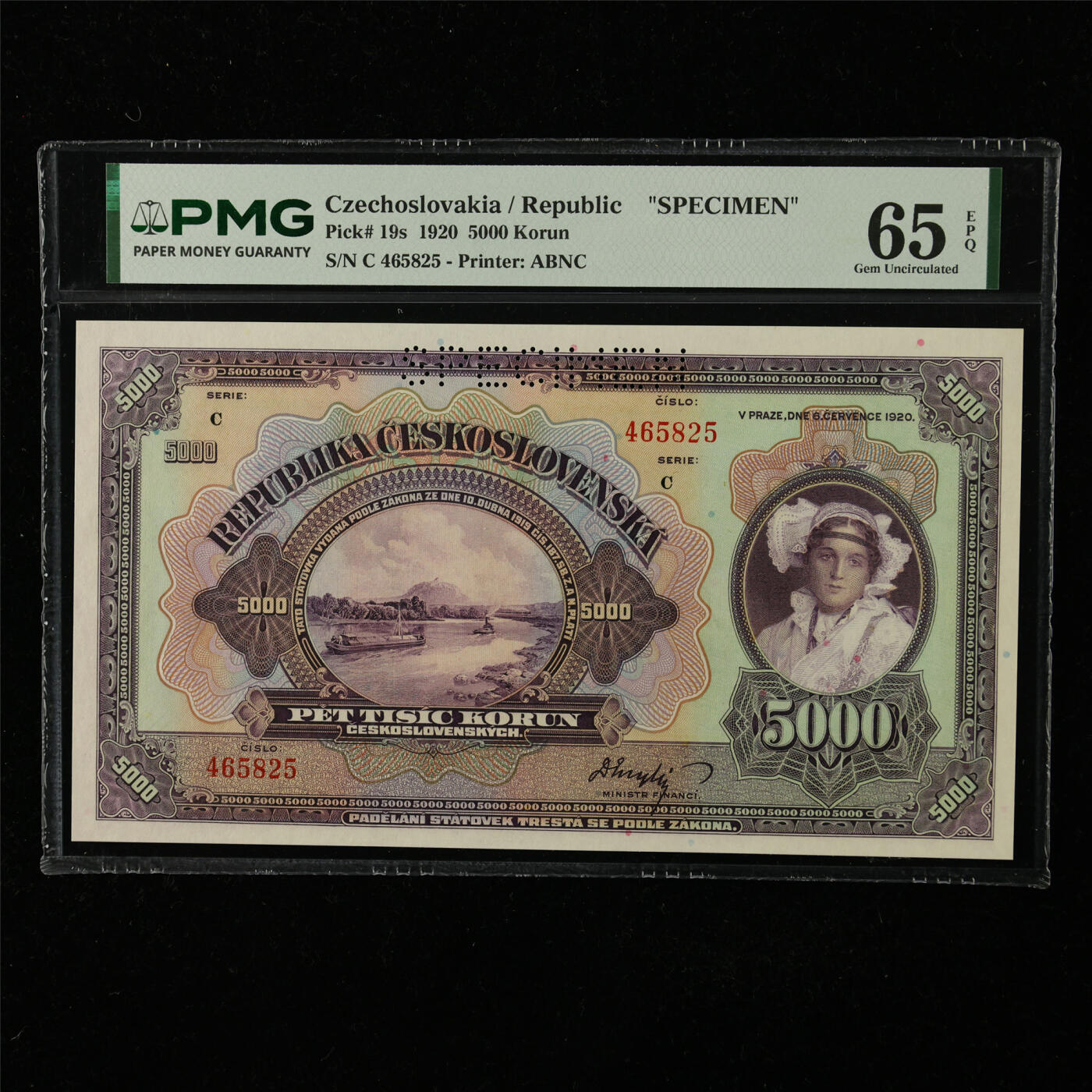 【亘邦集藏】第224期拍卖 1920年 捷克斯洛伐克共和国样钞5000克朗 PMG 65EPQ C 465825