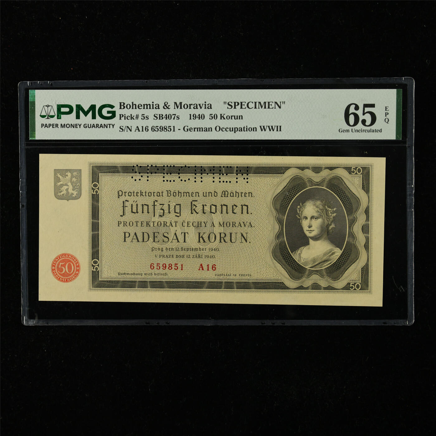 【亘邦集藏】第224期拍卖 1940年 波西米亚和摩拉维亚样钞50克朗 PMG 65EPQ A16 659851