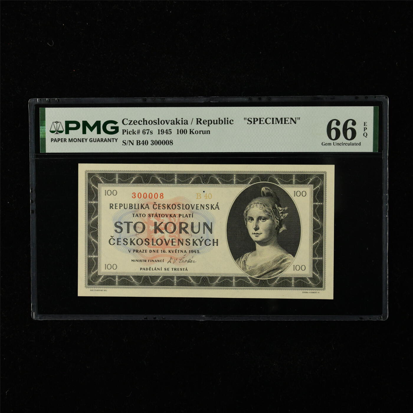 【亘邦集藏】第224期拍卖 1945年 捷克斯洛伐克共和国样钞100克朗 PMG 66EPQ B40 300008