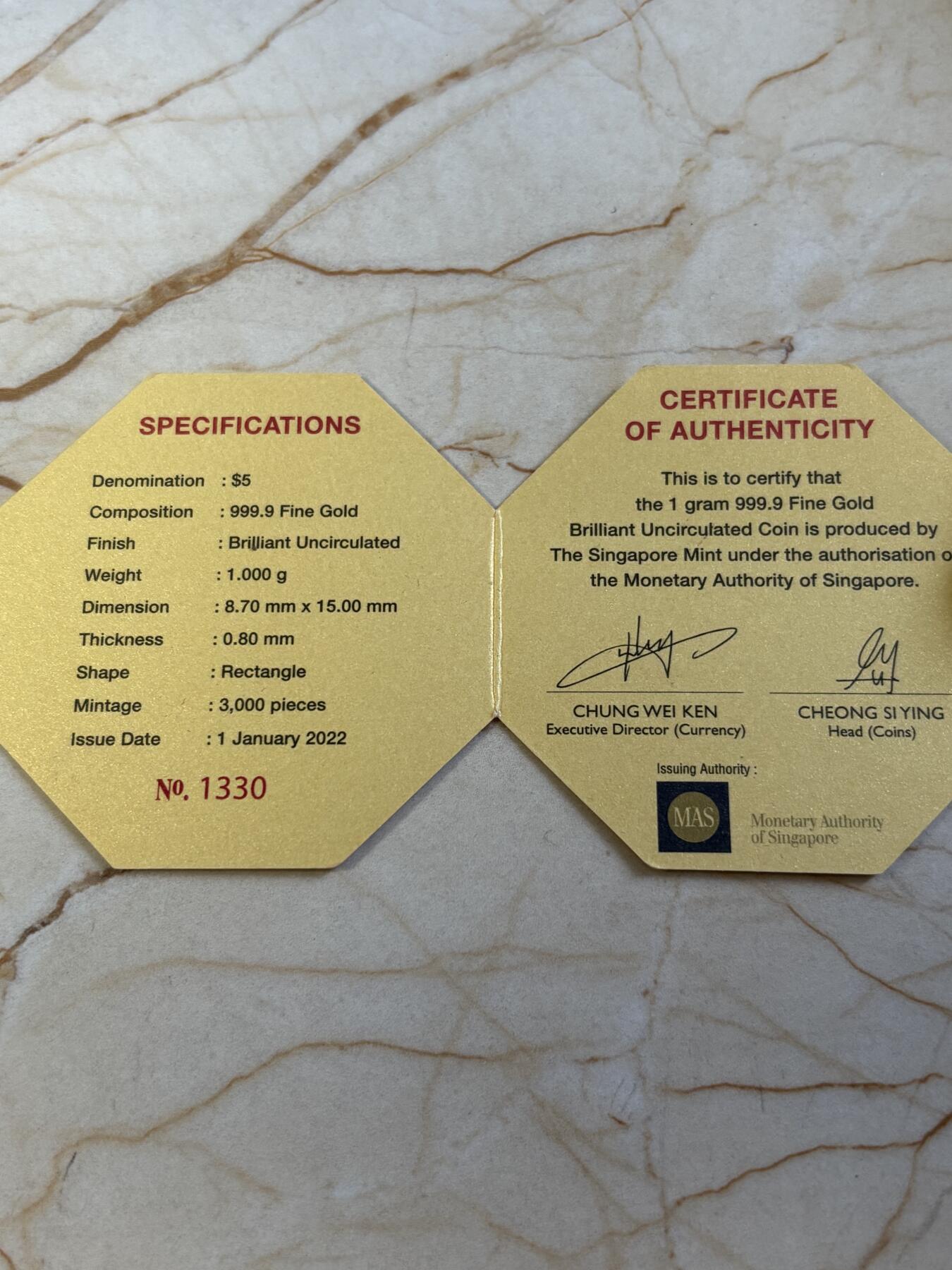 第194期拍卖 新加破2022年十二生肖虎年1克纪念金币NGC-PF69原盒证书，9999金，发行3000枚