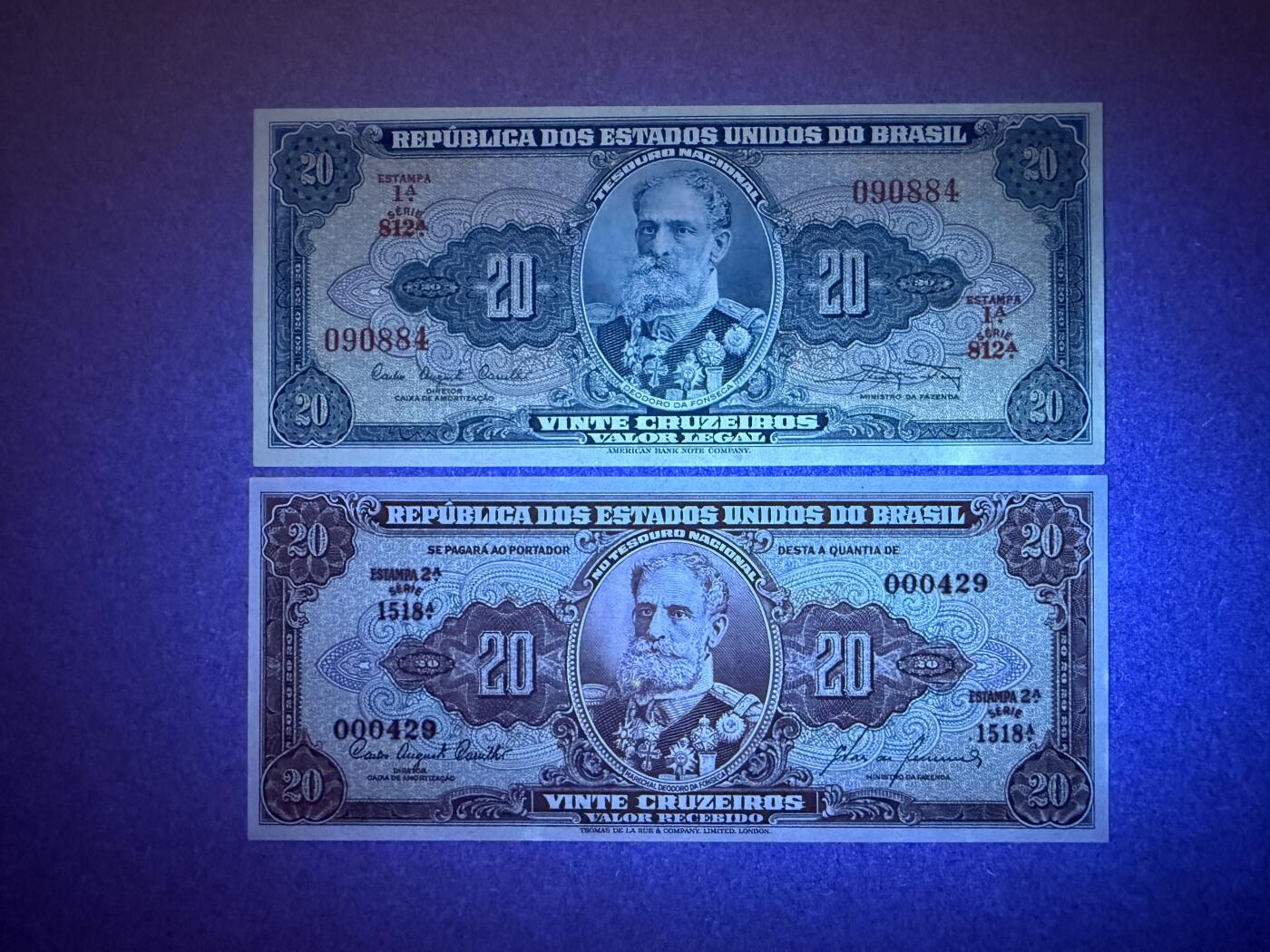 《艾美收藏》第238期-3.29周日外币畅拍场 巴西20克鲁塞罗2张 UNC 1963年和1955年不同年份版本