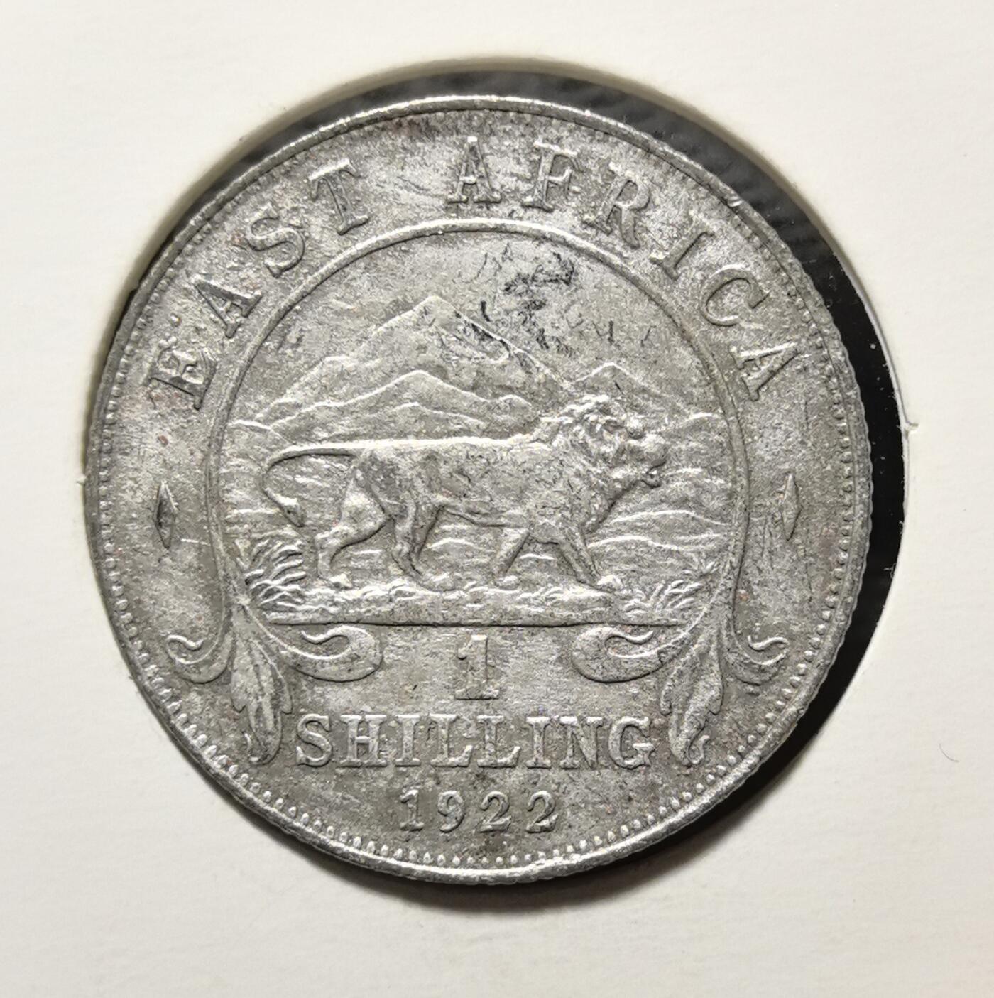 外国优质老铜币银币苏联纪念章，每周六晚九点倒数截拍，满百包邮可寄存，持续收拍 英属东非1922年1先令银币，正面为英王乔治五世头像，背面镌刻东非标志性雄狮与乞力马扎罗山图案，标注 “EAST AFRICA”，是英国殖民东非时期的核心流通币。银质包浆温润，图案充满非洲野性气息，见证大英帝国殖民体系与东非地域文化融合，兼具殖民钱币收藏与人文叙事价值。