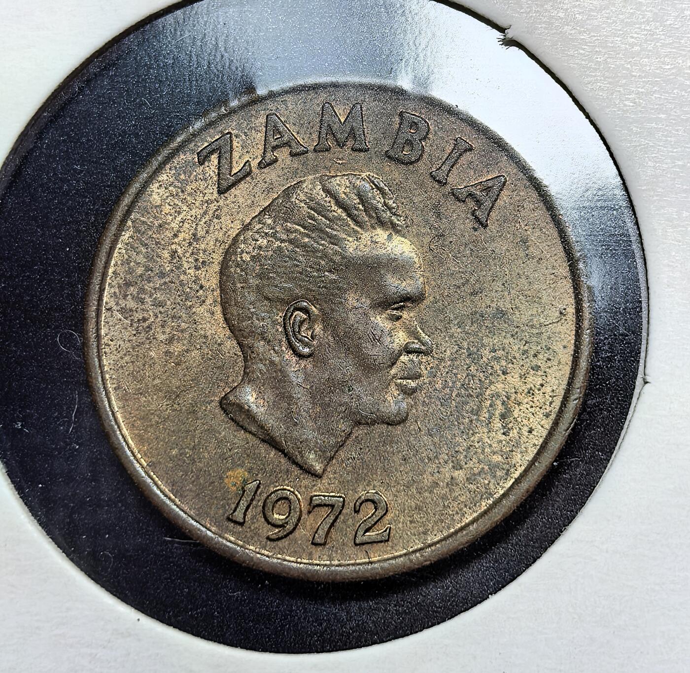 外国优质老铜币银币苏联纪念章，每周六晚九点倒数截拍，满百包邮可寄存，持续收拍 赞比亚1972年1恩韦铜币，正面为开国总统卡翁达头像，背面是珍稀土豚动物图案，设计充满非洲特色，包浆自然，细节清晰，是小众非洲钱币收藏的趣味之选。