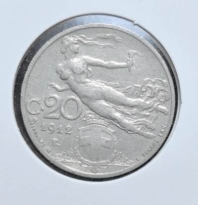 外国优质老铜币银币苏联纪念章，每周六晚九点倒数截拍，满百包邮可寄存，持续收拍 - 意大利王国1912年20分，正面为手持火炬的胜利女神像与国徽，背面是象征丰收的小麦穗与 “ITALIA” 字样，见证意大利统一后发展时期，艺术风格鲜明，是意大利近代币制与新艺术运动美学的珍贵实物见证，收藏价值突出。