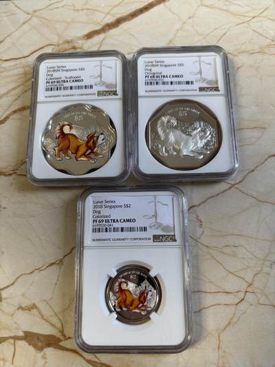 第194期拍卖 - 新加坡2021年十二生肖狗年银币3枚套NGC-PF69-2枚，PF68-1枚，1盎司/1盎司/1/4盎司，999银，发行2000套