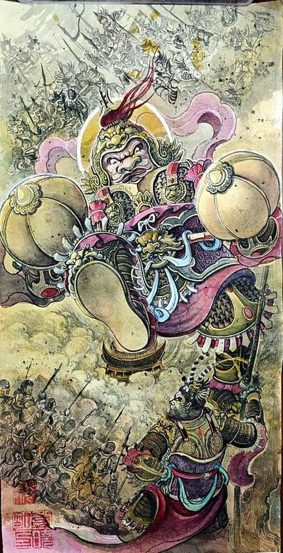 白泽拍卖卡牌手绘专场第34期（花朝去了又春分 草如茵 柳烟新） - 2025 刘晓明手绘画 巨灵神 尺寸：34.7cm*68.8  刘晓明钤印