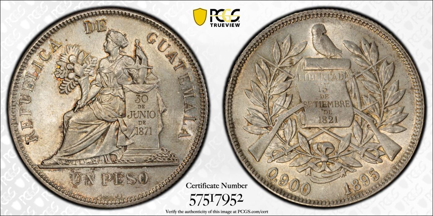 博洋堂“芳菲春韵”3月精品大拍专场暨第166期（全场包邮） PCGS MS61 1895年危地马拉1比索银币 非常经典的品种，海外大涨品种，麦稀奇近两月类似状态基本都在2300+