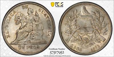 博洋堂“芳菲春韵”3月精品大拍专场暨第166期（全场包邮） - PCGS MS61 1895年危地马拉1比索银币 非常经典的品种，海外大涨品种，麦稀奇近两月类似状态基本都在2300+