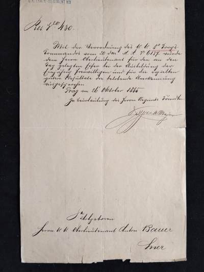 凯旋世界勋赏（第23期）（欢迎送拍）（对拍品有疑问请询问客服，不接受到手刀，出价默认拍品品相。请认真阅读拍卖规则！出价默认已认可！）（收到货请录制开箱视频，无视频概不处理问题。） - 奥匈帝国 1885年 由第3补给团指挥部 颁发给 时任第3补给团第6中队 中尉安东·鲍尔 的团级嘉奖令，回应了之前 他的中队指挥官表彰， 并正式表彰，由指挥部的一位少校，代理团长职权 亲笔签名签发