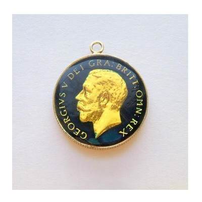 【银】纯手工银 英国1919年乔治五世银币 珐琅彩镀金高浮雕精制银币章吊坠 25MM - 【银】纯手工银 英国1919年乔治五世银币 珐琅彩镀金高浮雕精制银币章吊坠 25MM