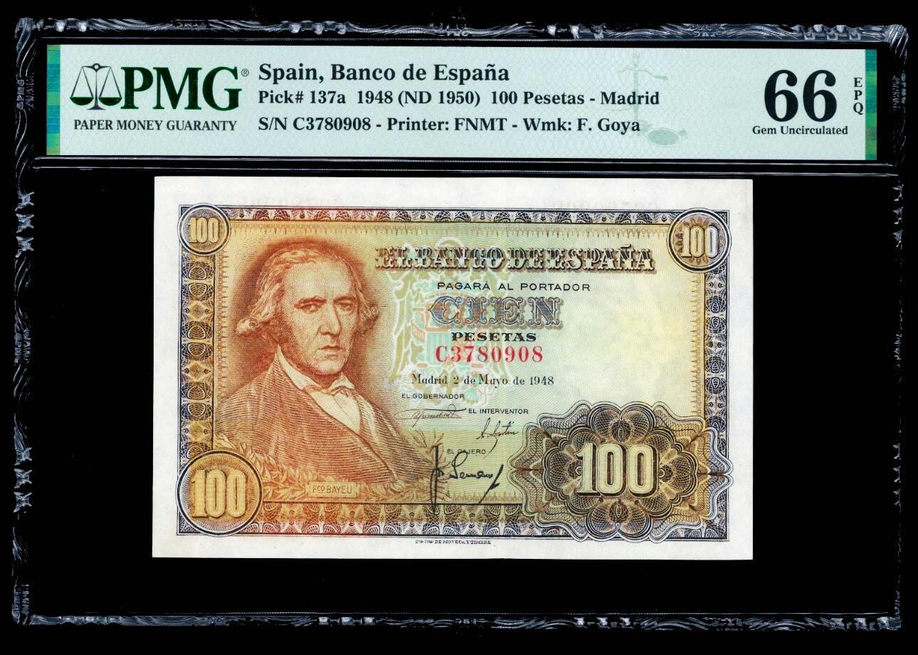 【Blue Auction】世界纸币精拍第801期——18级TOP拍卖/信誉/品质/专业/高效💫 西班牙 1948年100比塞塔 PMG66EPQ 马车